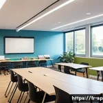 Home 17 생활체육지도사 근무 환경 개선 사례 - A modern sports educators’ workspace inside a French community sports club, featuring ergonomic adju...
