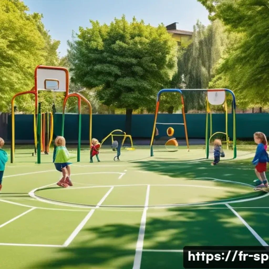 생활체육지도사와 어린이 체육 지도법 - A bright and cheerful outdoor playground scene in a French urban park during springtime, showing a d...
