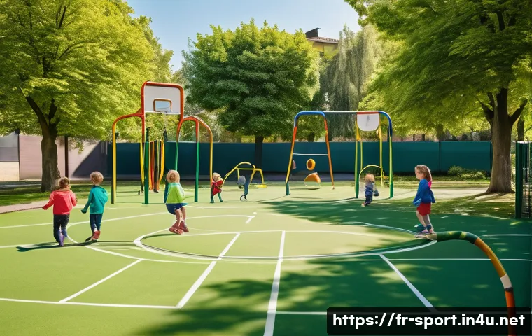 생활체육지도사와 어린이 체육 지도법 - A bright and cheerful outdoor playground scene in a French urban park during springtime, showing a d...