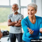 Home 18 생활체육지도사로 성공한 사례 - A professional French fitness coach leading a small, diverse group of seniors in a bright, modern gy...