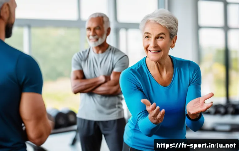생활체육지도사로 성공한 사례 - A professional French fitness coach leading a small, diverse group of seniors in a bright, modern gy...